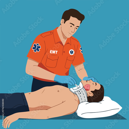 Medical professional attending to patient with neck brace