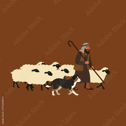A shepherd, his dog, and sheep walk across a brown background