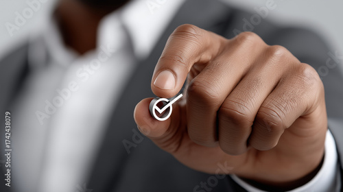 Precision Mark: A close-up shot of a hand meticulously drawing a check mark. This image captures the essence of accuracy and completion.