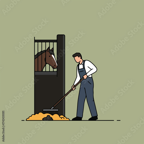 Person sweeping in front of horse in stall