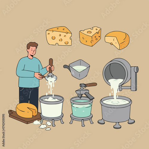 Man processes milk into cheese using various equipment and finished products