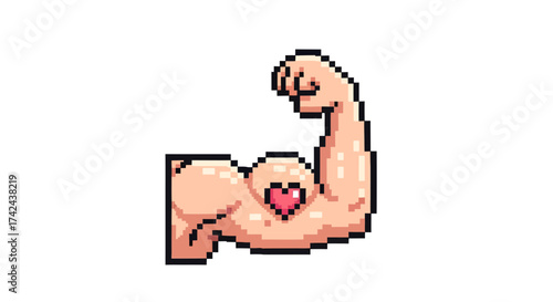 Pixelated strength of heart: An 8-bit symbol of love and empowerment with muscles