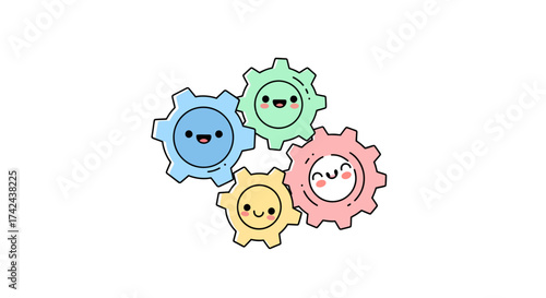 Playful gears illustration showcasing teamwork and collaboration in pastel shades