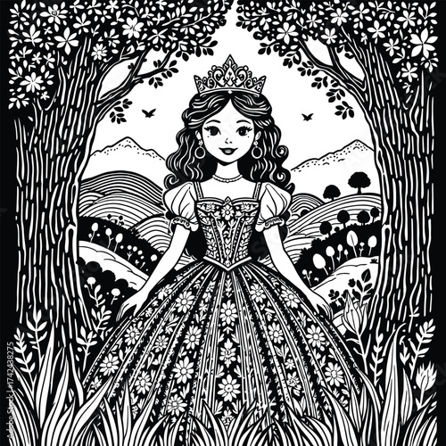 Intricate Monochrome Illustration of a Princess in Ornate Floral Gown Amid Blossoming Trees Rolling Hills and Flying Birds in a Serene Fairy-Tale Landscape