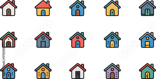 Colorful collection of cartoon house icons representing real estate and homes