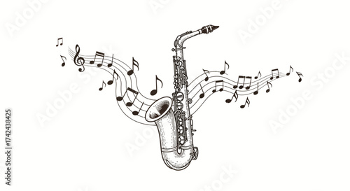 Serene saxophone illustration with flowing notes radiating harmonious musicality and grace in