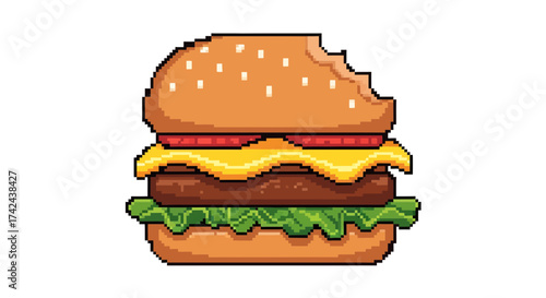 Retro pixel art hamburger with a bite taken out showcasing vintage gaming aesthetic