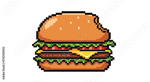 Retro pixelated hamburger illustration featuring fresh ingredients and a missing bite