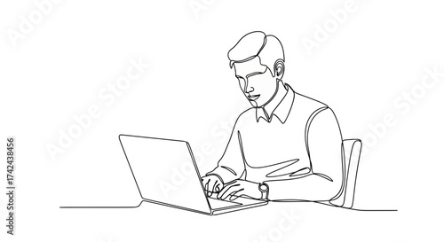 Single line drawing of a focused man working on a laptop at his desk diligently completing his tasks