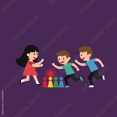 Children in playful pursuit around colorful game pieces
