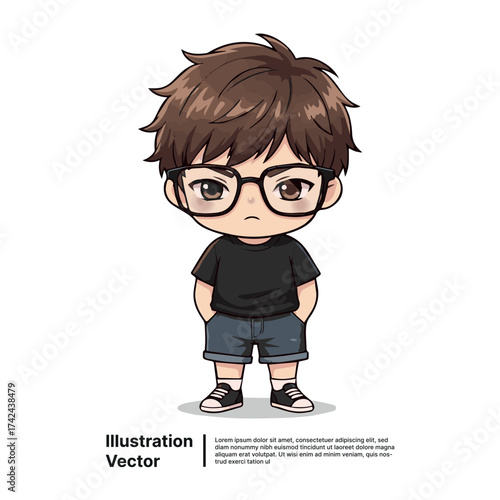 Charming Chibi Anime-Style Young Man Character with Spectacles and Modern Casual Fashion Posing