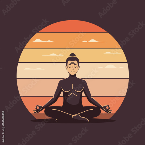 Person meditating in lotus pose with serene sunset sky