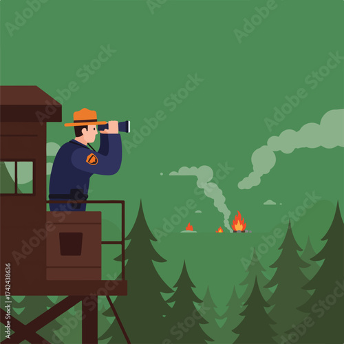 Ranger in watchtower spots distant campfire and smoke in forest