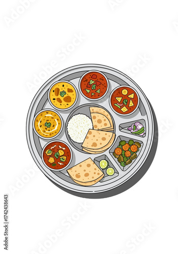 Traditional Indian Thali Platter Flat Cartoon Vector Illustration