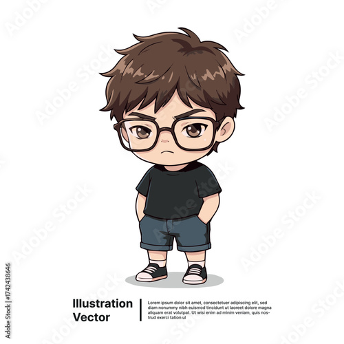 Stylish and cute cartoon boy character with trendy glasses and a casual outfit, a charming illustration