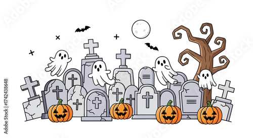 Spooky Halloween cartoon graveyard with pumpkins ghosts and bats festive scene
