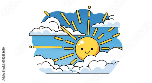 Smiling sunshine in fluffy cloudscape illustration capturing the joy of bright days