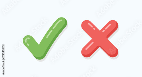 Stylized approval and rejection icons conveying verification and incorrect status