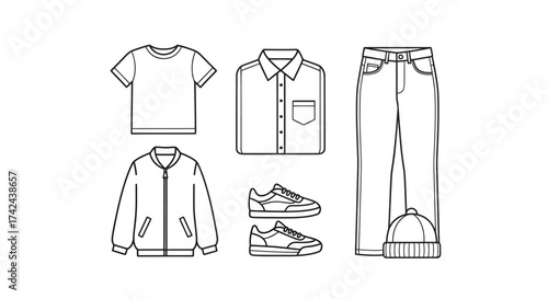 Stylish monochrome collection: Outline of apparel including jacket shirt trousers and sneakers