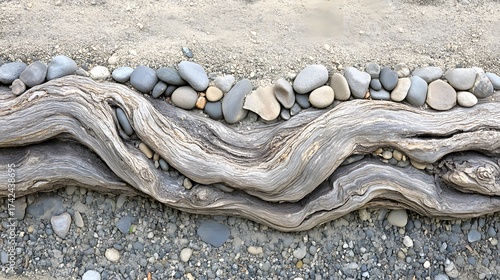 Abstract driftwood texture with river rocks on sandy shore background, creating zen pattern