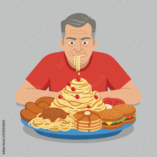 Overwhelmed man faces a mountain of food, spaghetti, pancakes, burgers, and sausages