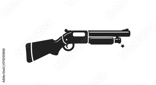 Stylized monochrome illustration depicting a classic lever action shotgun with detail element star