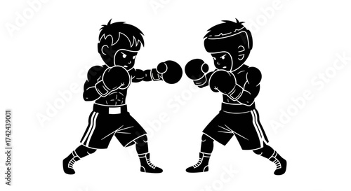 Stylized silhouette depiction of two cartoon boxers facing each other in a match