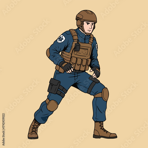 Cartoon soldier in tactical gear, helmet, and utility vest