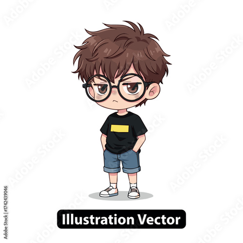 Charming anime-style boy illustration with glasses and a slightly grumpy, thoughtful expression