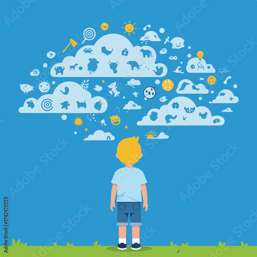 A young boy gazes at a cloud filled with whimsical icons