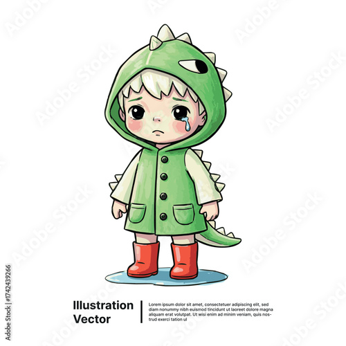 Heartfelt illustration of a little child in a dinosaur raincoat shedding tears, capturing a moment of childhood sadness on a rainy day