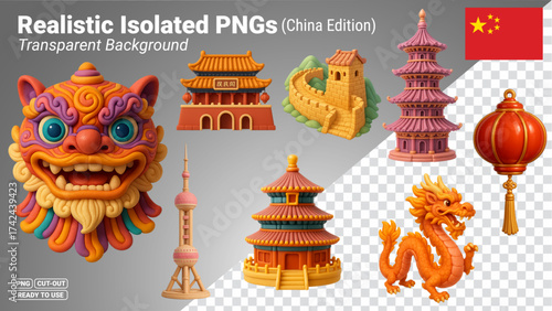 China culture icons set 3D illustration Transparent PNG file ready to be used.