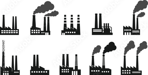 Industrial factory icon set, black silhouette, smokestack vector, pollution symbol, manufacturing plant, energy production, urban industry, editable graphic