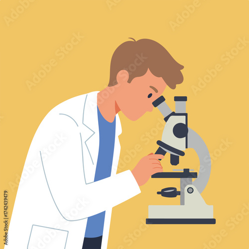 Person in lab coat peers through microscope on yellow background
