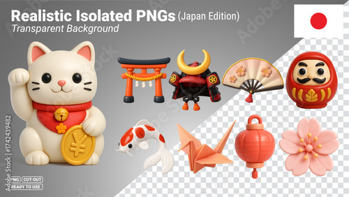 Japan culture icons set 3D illustration Transparent PNG file ready to be used.