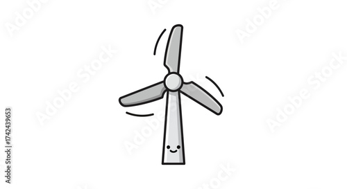 Whimsical cartoon wind turbine smiling offering a playful take on sustainable energy