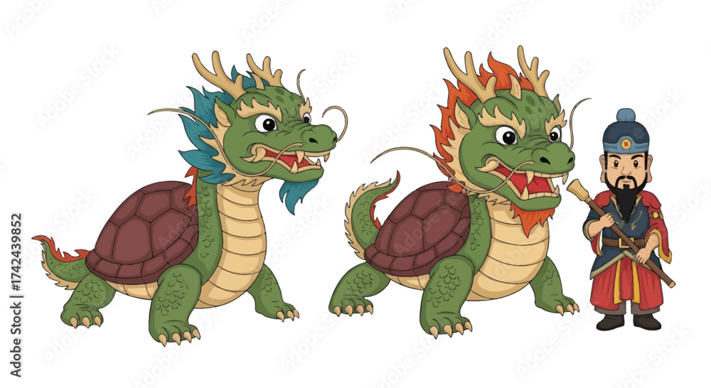 Fototapeta premium Whimsical fusion creatures: Turtle-backed dragons and a classical figure in illustration