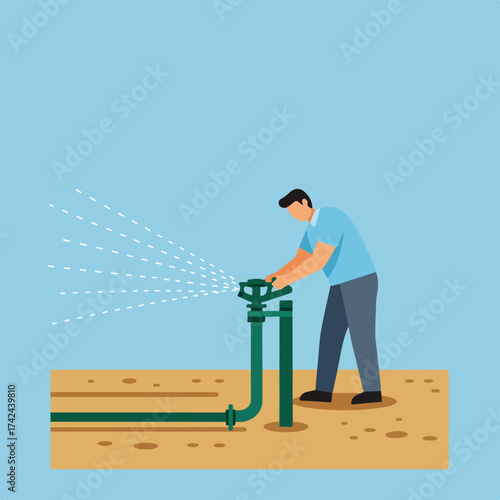 Person adjusting irrigation sprinkler system for dry ground