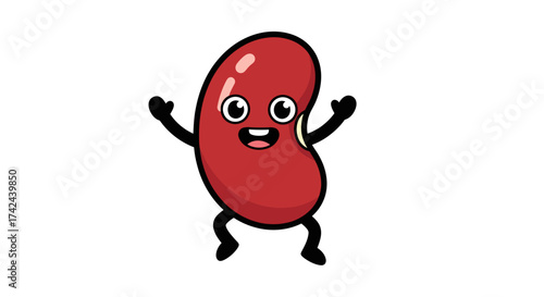 Whimsical kidney bean character radiating exuberance and joyful vitality on plain white