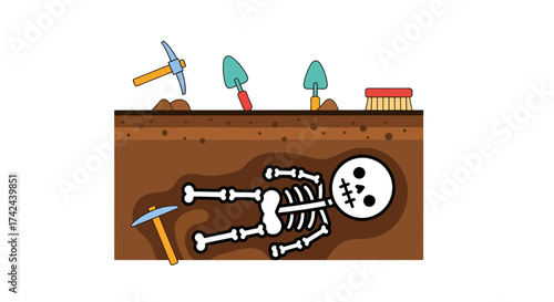 Whimsical illustration of archaeological discovery featuring cartoon skeleton unearthed in brown