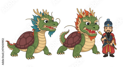 Whimsical fusion creatures: Turtle-backed dragons and a classical figure in illustration