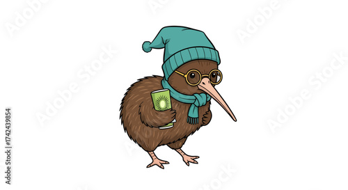Whimsical kiwi bird wearing a beanie and scarf holding a kiwi juice box illustration