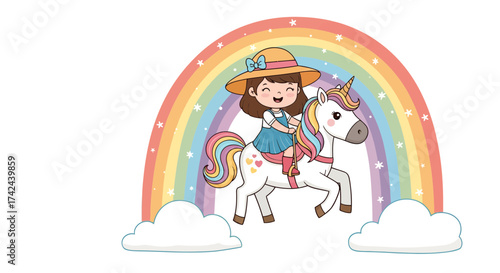 Whimsical journey of a girl riding a unicorn under a bright rainbow animation illustration