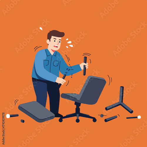 Frustrated man struggling to assemble office chair