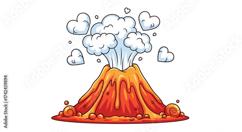 Whimsical volcano eruption with heart-shaped clouds and flowing lava creating a cute natural