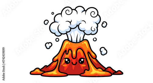 Whimsical Volcano Cartoon Illustration with Smiling Face and Erupting Smoke Plume