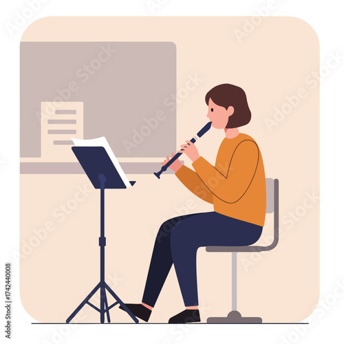 Person playing a recorder in front of a music stand in a room