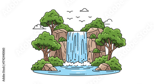 Whimsical waterfall escape surrounded by lush vegetation and rocky formations
