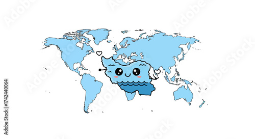 Whimsical world map with a cute Iran character radiating affection and smiles