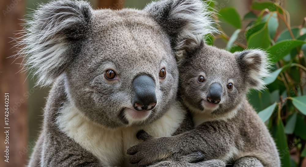 Obraz premium Koala mother and baby in forest foliage